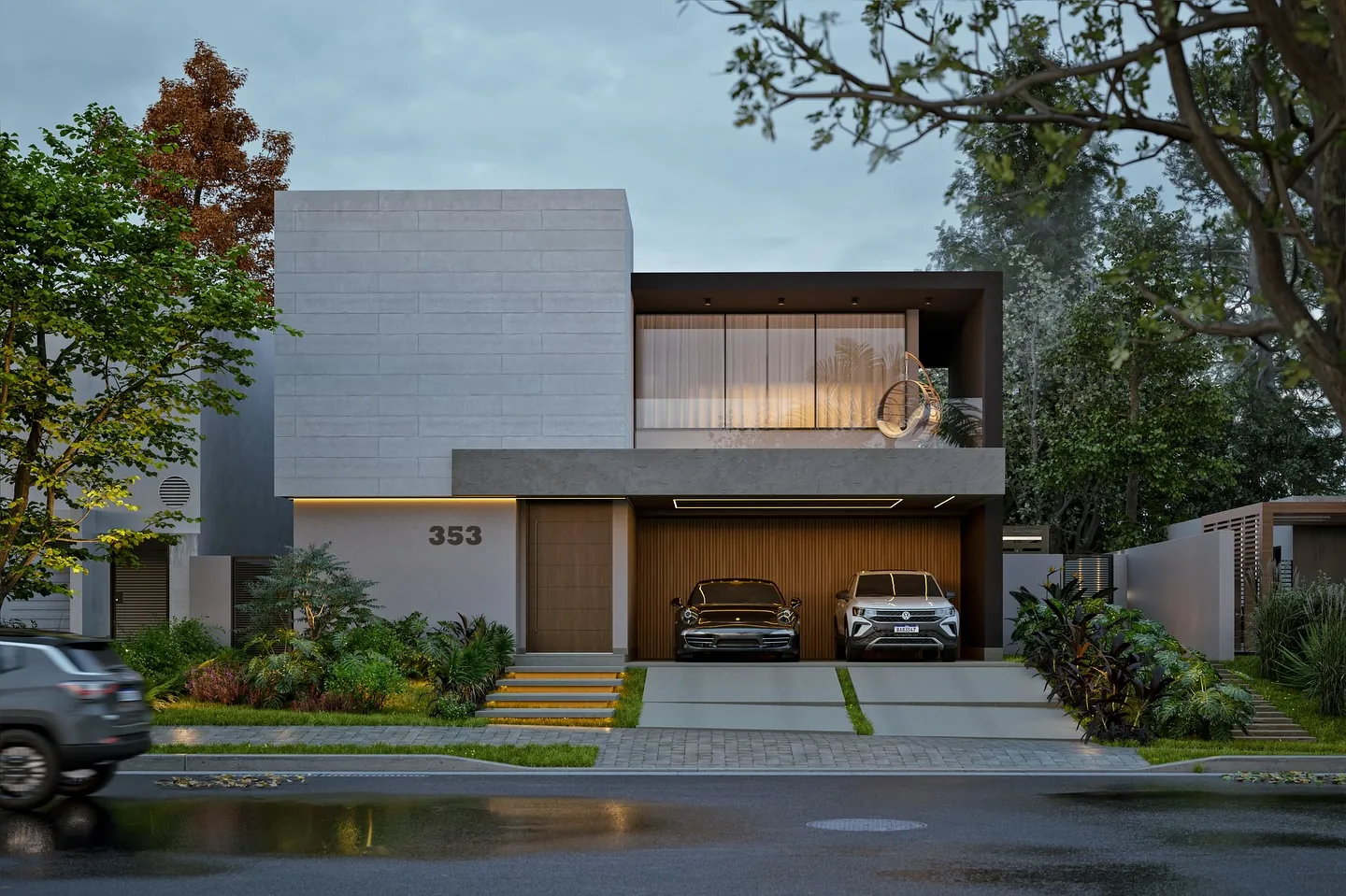 Fachada contemporânea da Casa RL com jardim e garagem